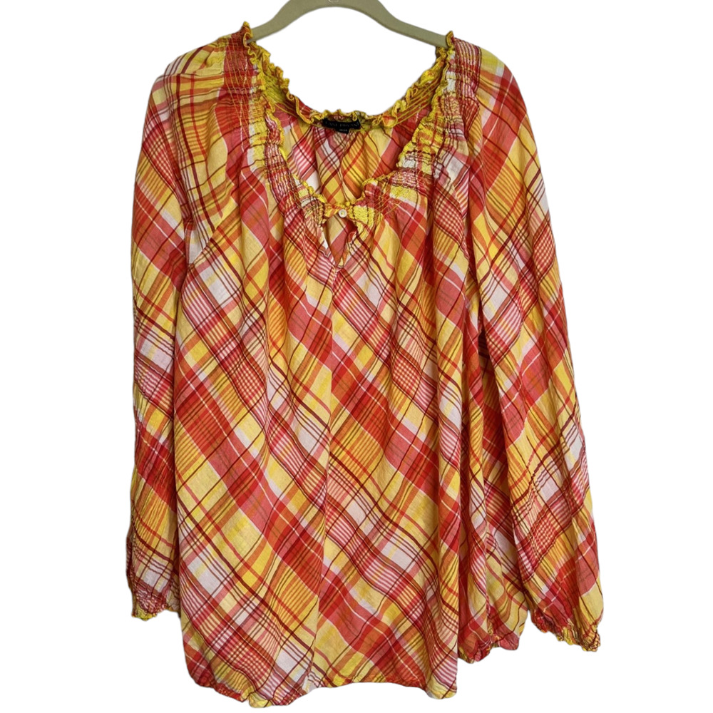 Lane Bryant Womens Off the Shoulder Blouse Size 18/20 Pink Yellow Plaid Cotton